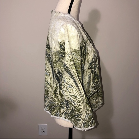 Chicos Jacket Open Front Size 2 Large Woven Textured Green Print Frayed Edges - Picture 10 of 13